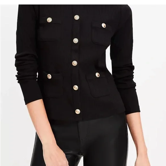 Loft ribbed Black cardigan with gold buttons - Picture 1 of 6